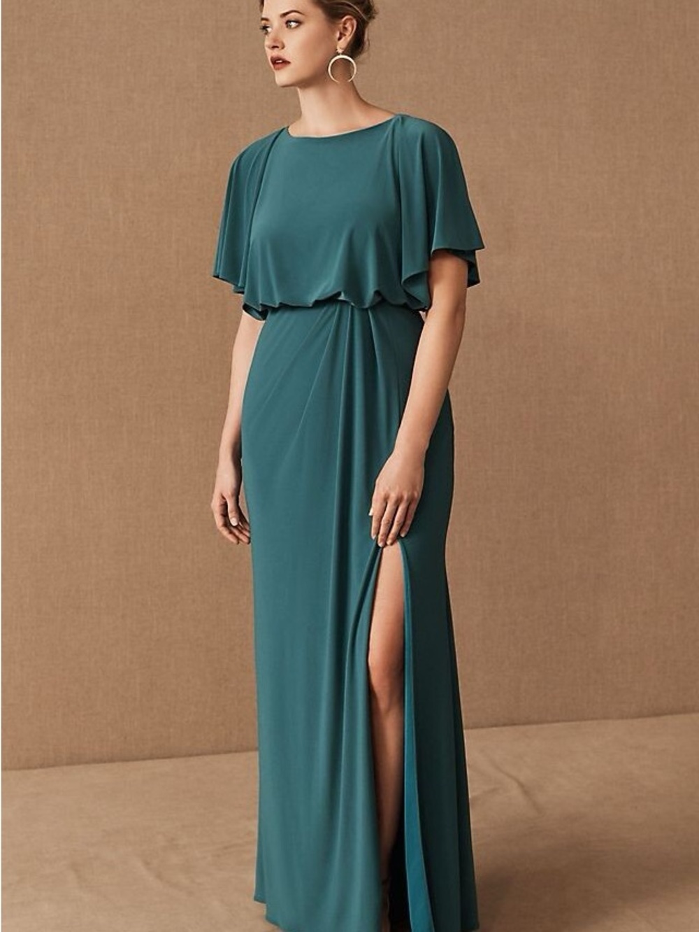 BHLDN Teal Green Maxi Dress with Capelet and Side Slit